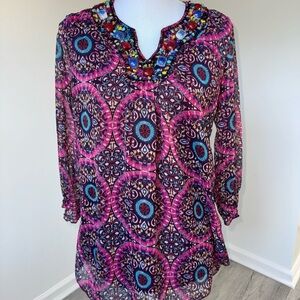 Kaktus Boho Tunic Top Women’s Medium Sheer Medallion Print Beaded Neckline